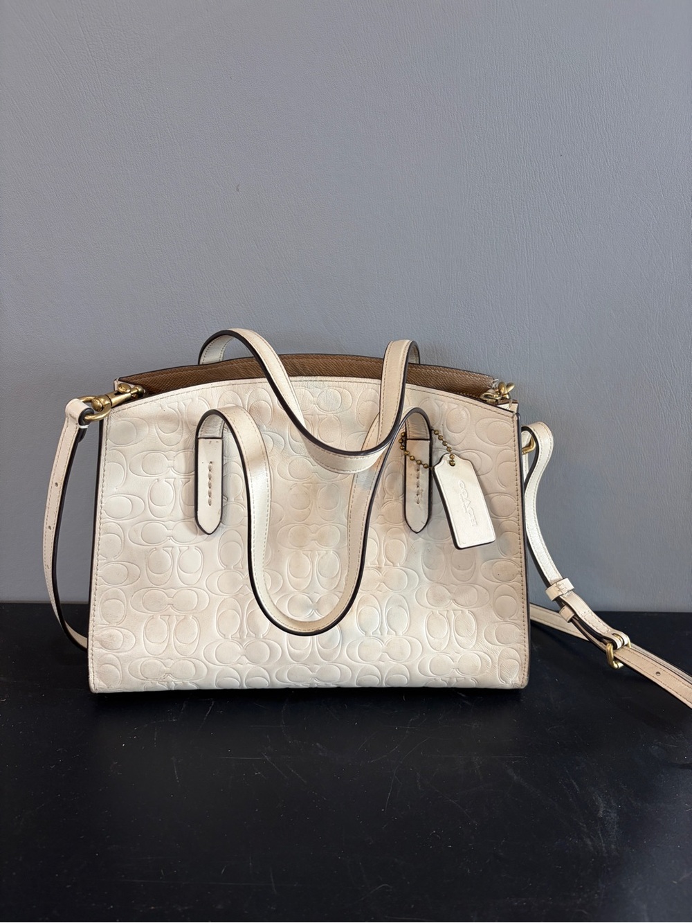 Coach Cream Embossed Signature Satchel with Gold Hardware